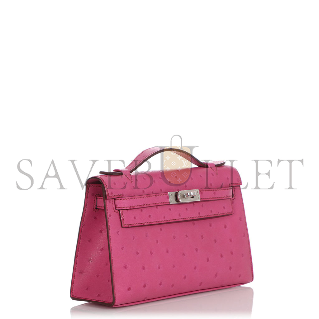 HERMÈS MASTER FUCHSIA OSTRICH KELLY POCHETTE PALLADIUM HARDWARE (22*14*7cm)